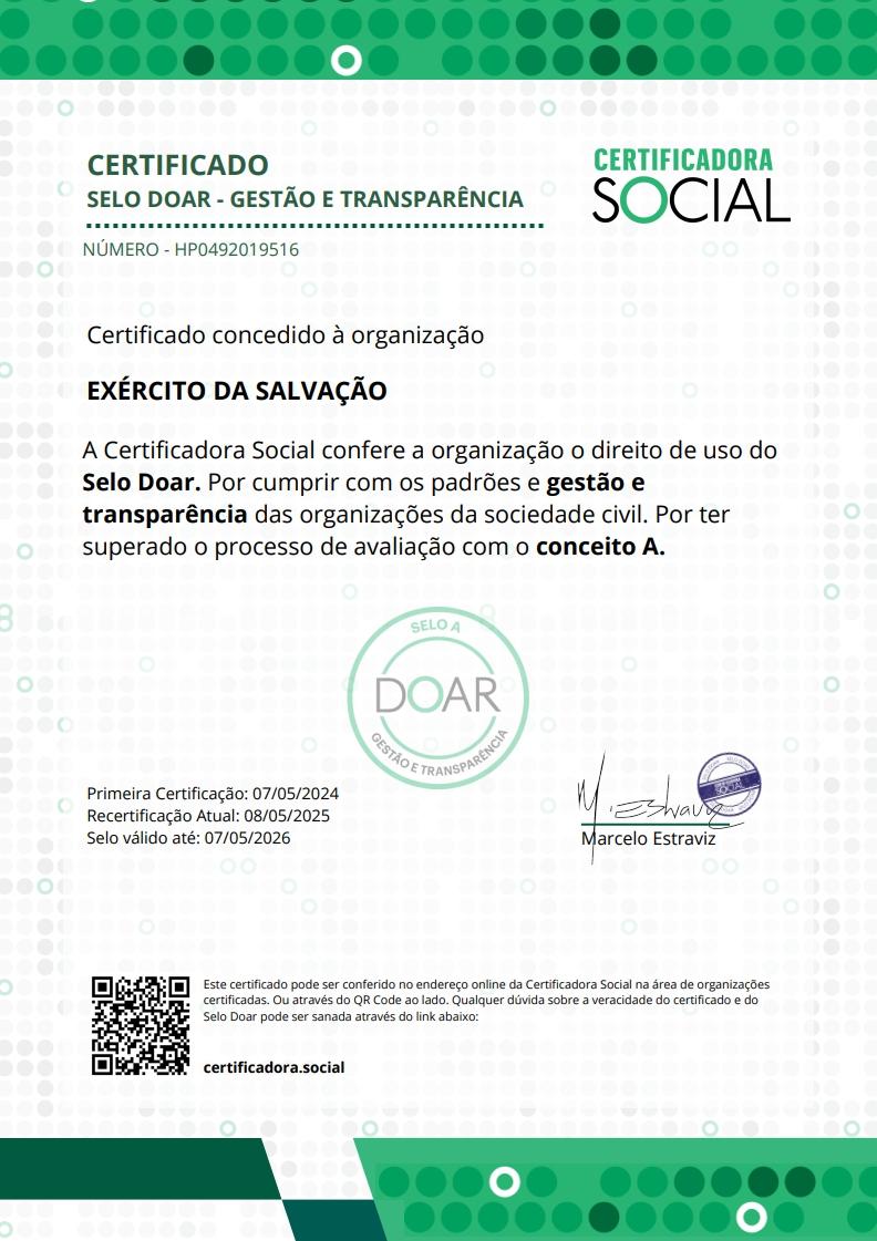 CERTIFICADO SELO DOAR - GESTÃO E TRANSPARÊNCIA